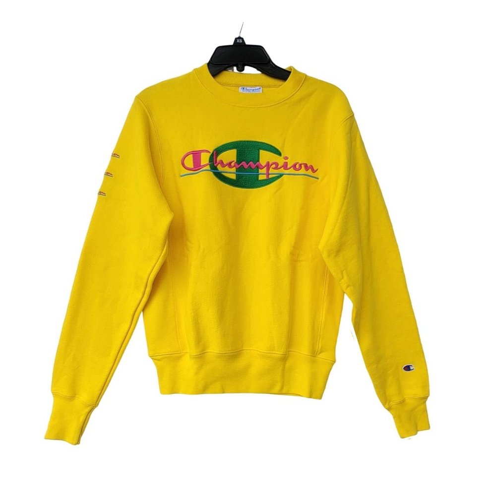 Size XS Women's Champion Reverse Weave Yellow Hoodie Vintage vibrant sweatshirt 